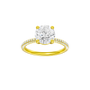 A front view of the Round cut diamond engagement ring in 14k yellow gold with a pavé diamond band and cathedral setting