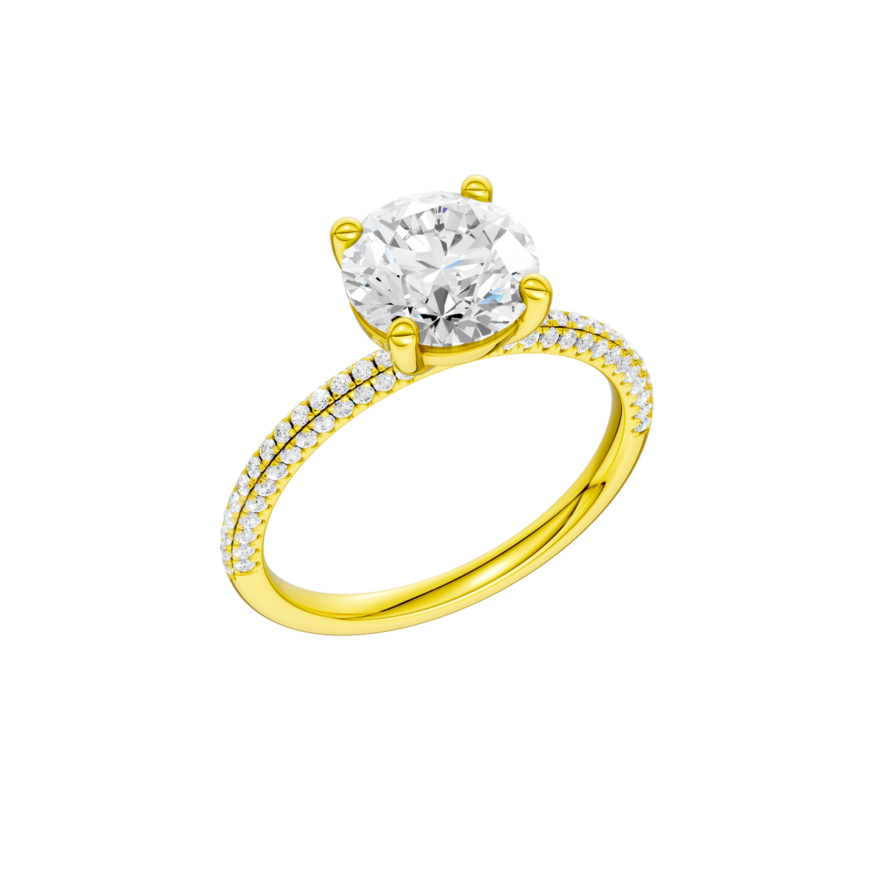 A three-quarter view of the Round cut diamond engagement ring in 14k yellow gold with a pavé diamond band and cathedral setting