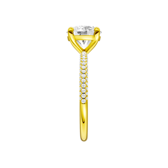 A side view of the Round cut diamond engagement ring in 14k yellow gold with a pavé diamond band and cathedral setting