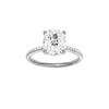 A front view of the Elongated cushion cut diamond engagement ring in 14k white gold with a pavé diamond band and cathedral setting