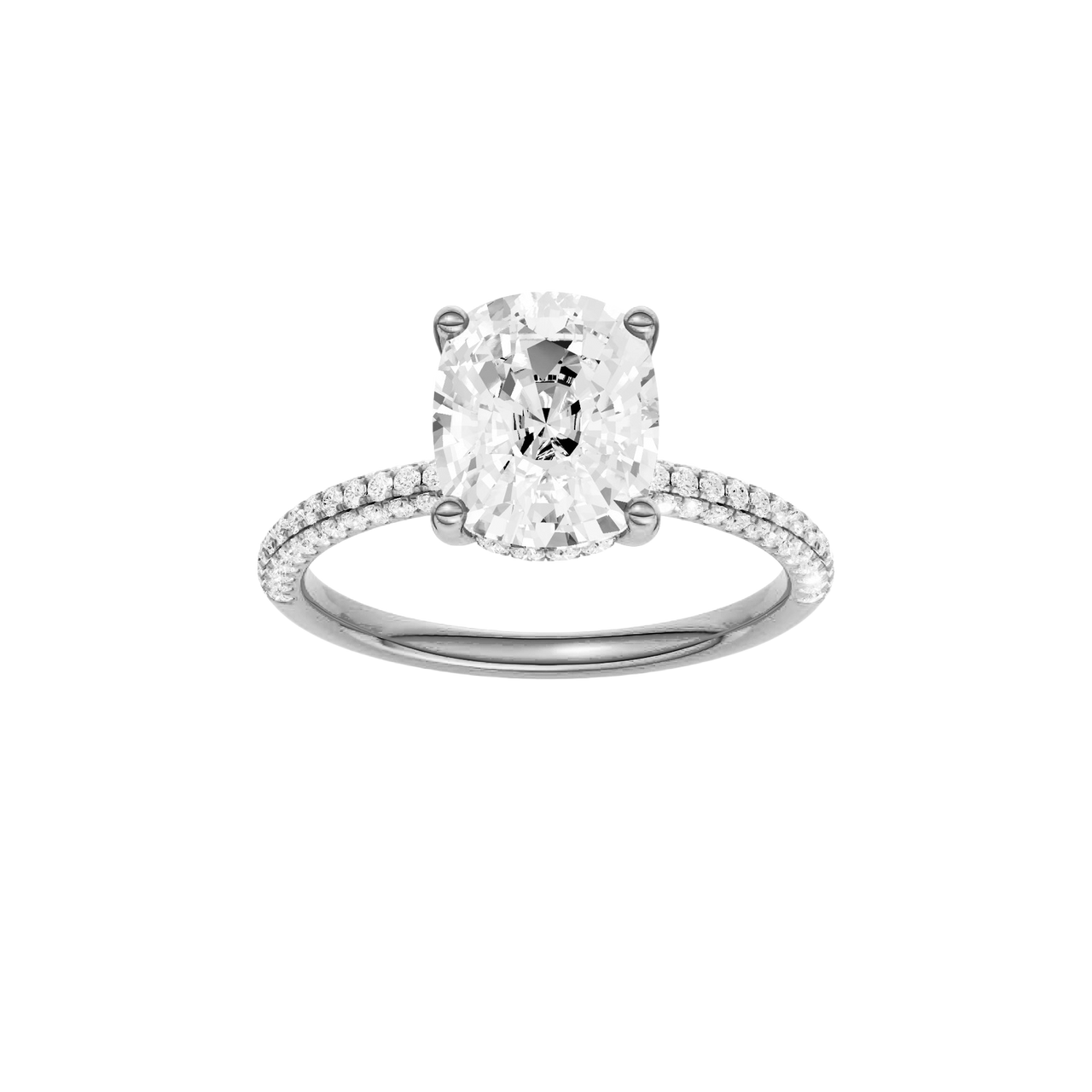 A front view of the Elongated cushion cut diamond engagement ring in 14k white gold with a pavé diamond band and cathedral setting