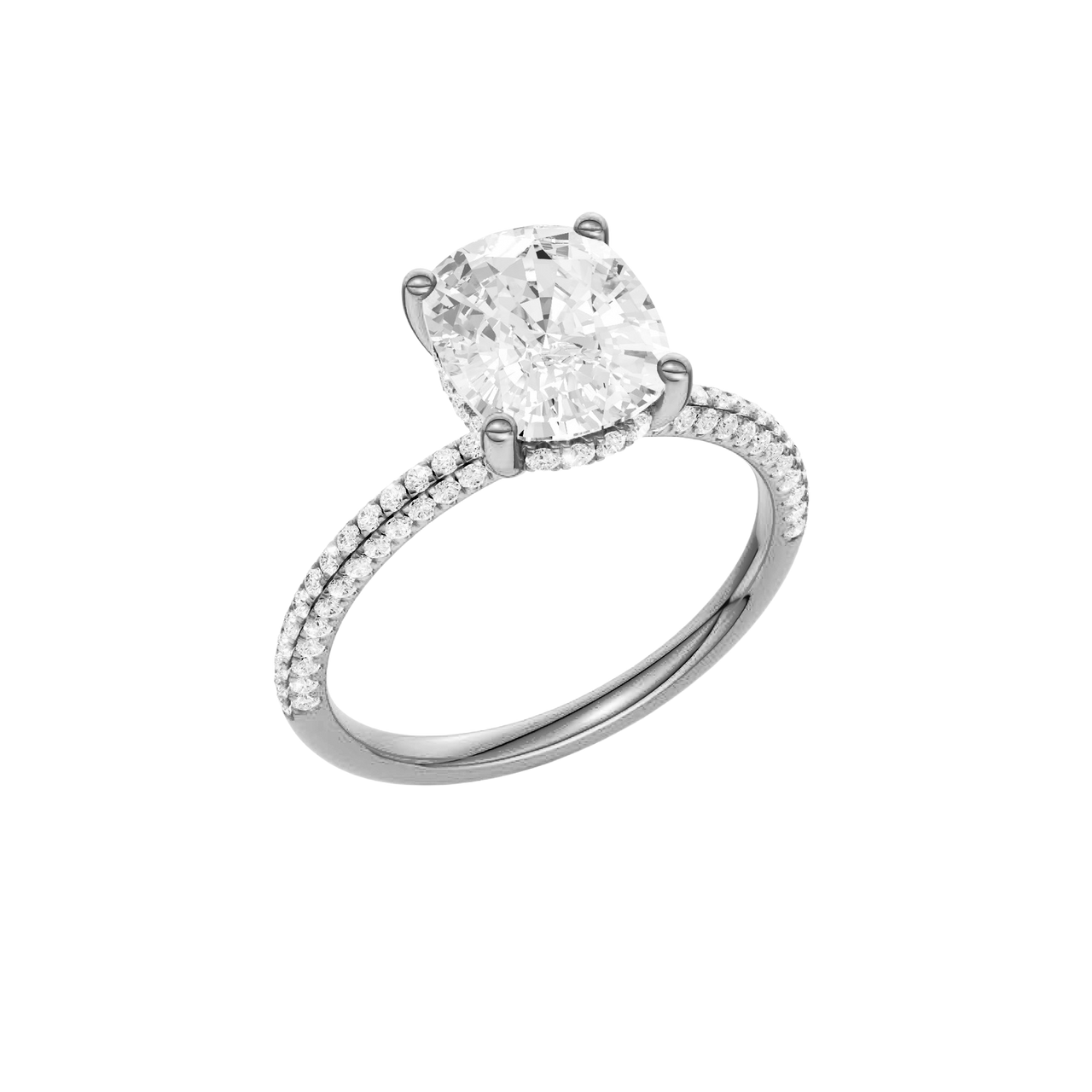 A three-quarter view of the Elongated cushion cut diamond engagement ring in 14k white gold with a pavé diamond band and cathedral setting