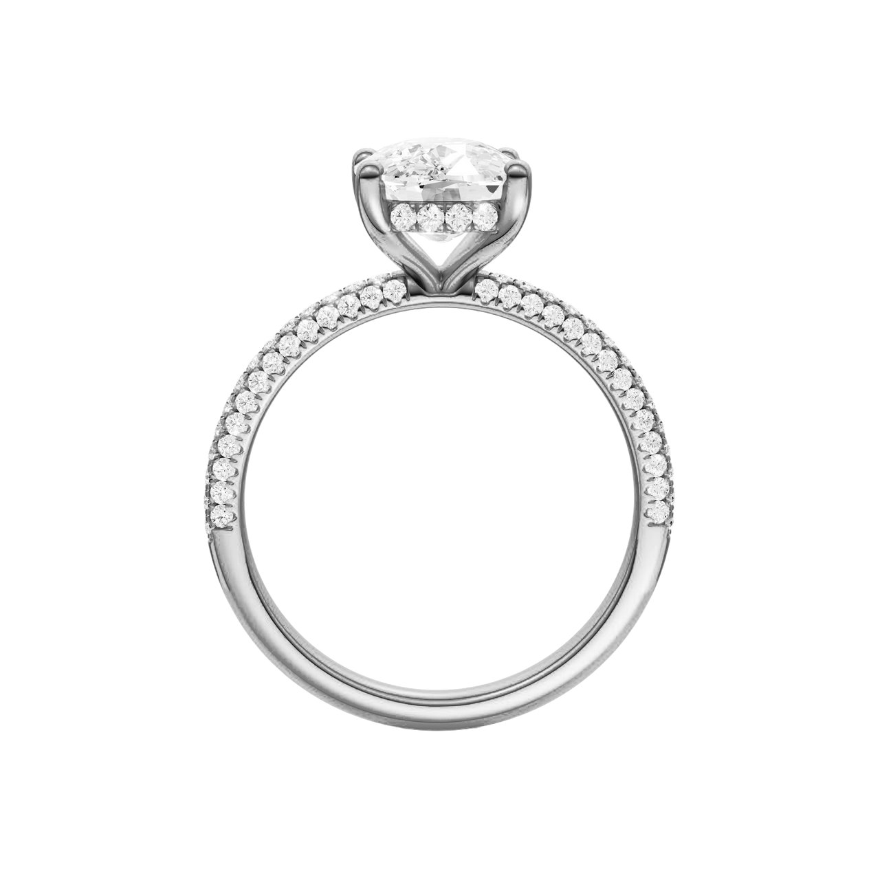 A front view of the Elongated cushion cut diamond engagement ring in platinum with a pavé diamond band and cathedral setting