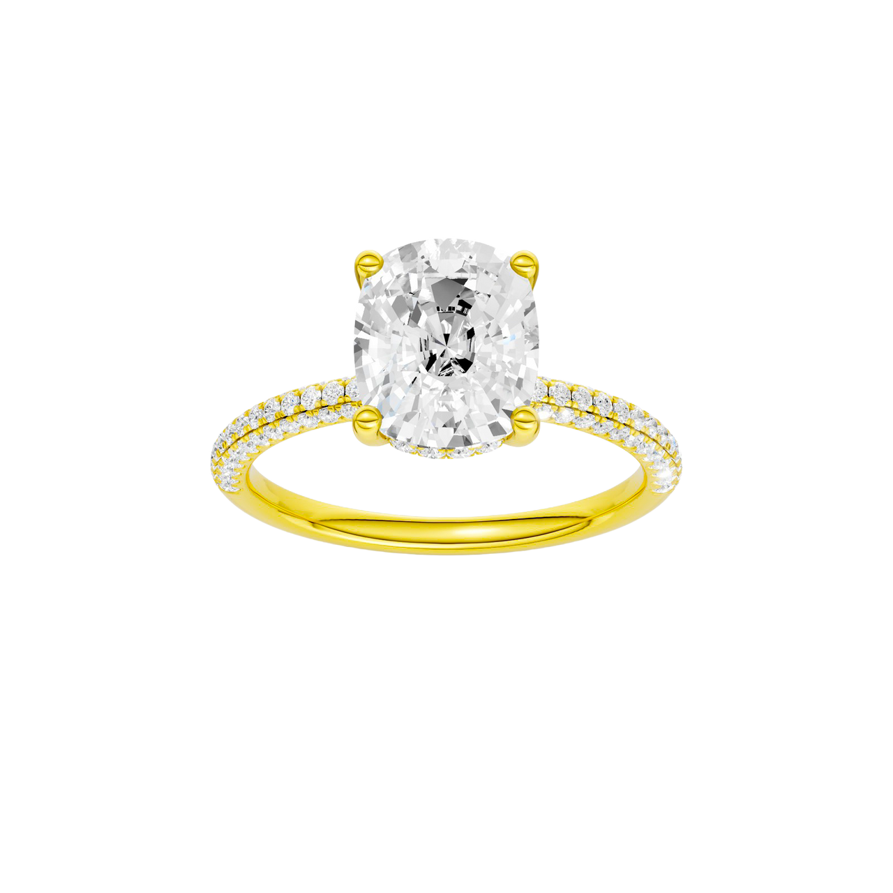 A front view of the Elongated cushion cut diamond engagement ring in 14k yellow gold with a pavé diamond band and cathedral setting