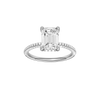 A front view of the Emerald cut diamond engagement ring in platinum with a pavé diamond band and cathedral setting