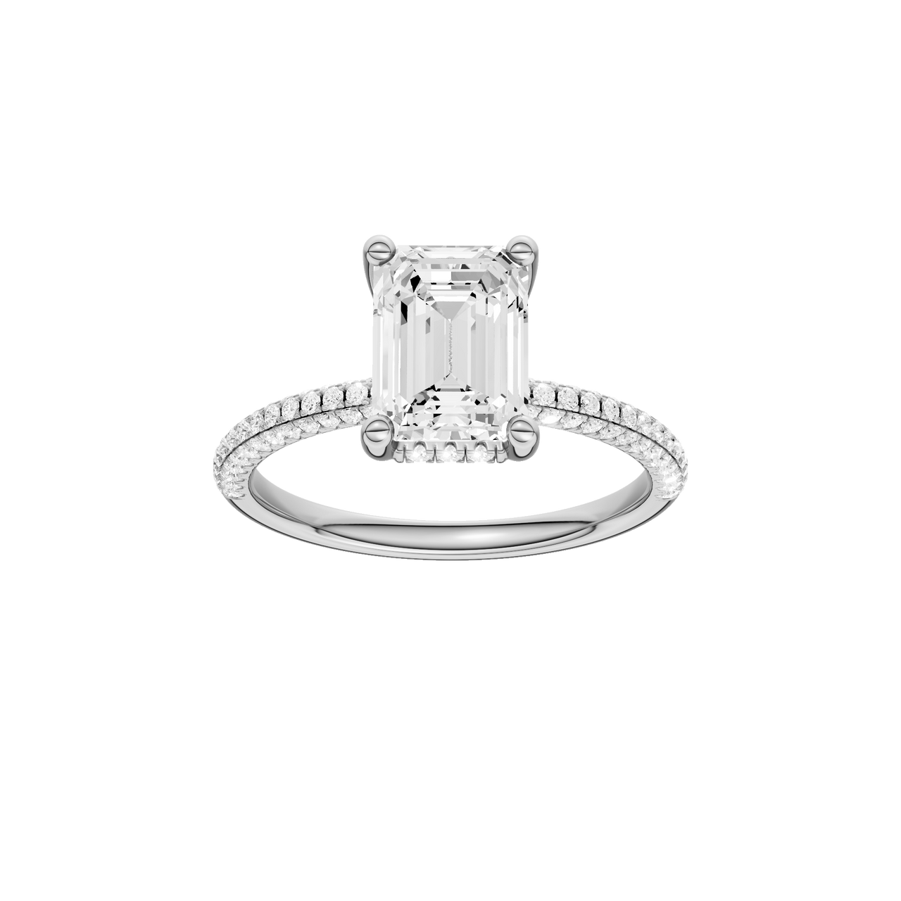 A front view of the Emerald cut diamond engagement ring in platinum with a pavé diamond band and cathedral setting