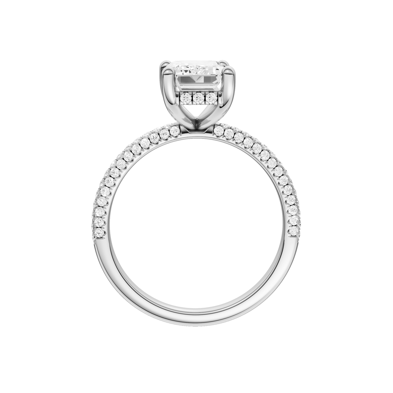 A profile view of the Emerald cut diamond engagement ring in platinum with a pavé diamond band and cathedral setting
