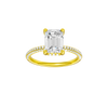 A front view of the Emerald cut diamond engagement ring in 14k yellow gold with a pavé diamond band and cathedral setting