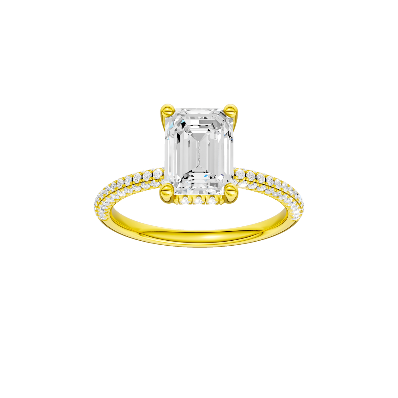 A front view of the Emerald cut diamond engagement ring in 14k yellow gold with a pavé diamond band and cathedral setting