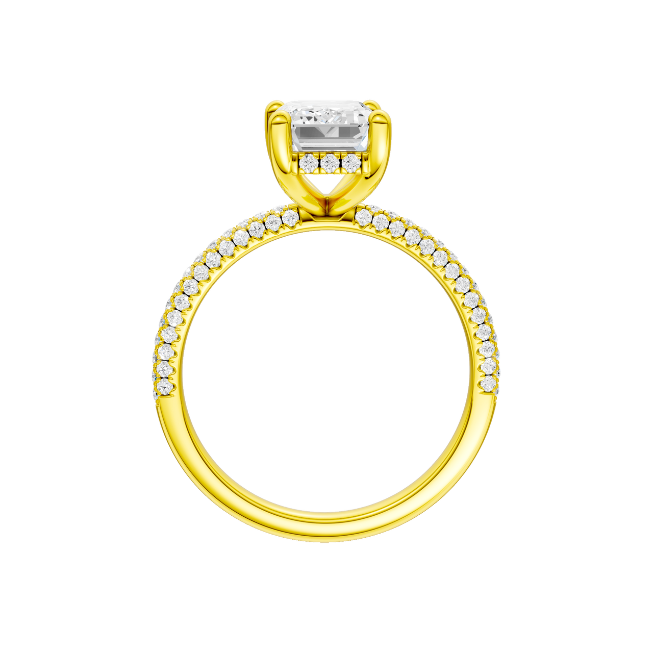 A profile view of the Emerald cut diamond engagement ring in 14k yellow gold with a pavé diamond band and cathedral setting
