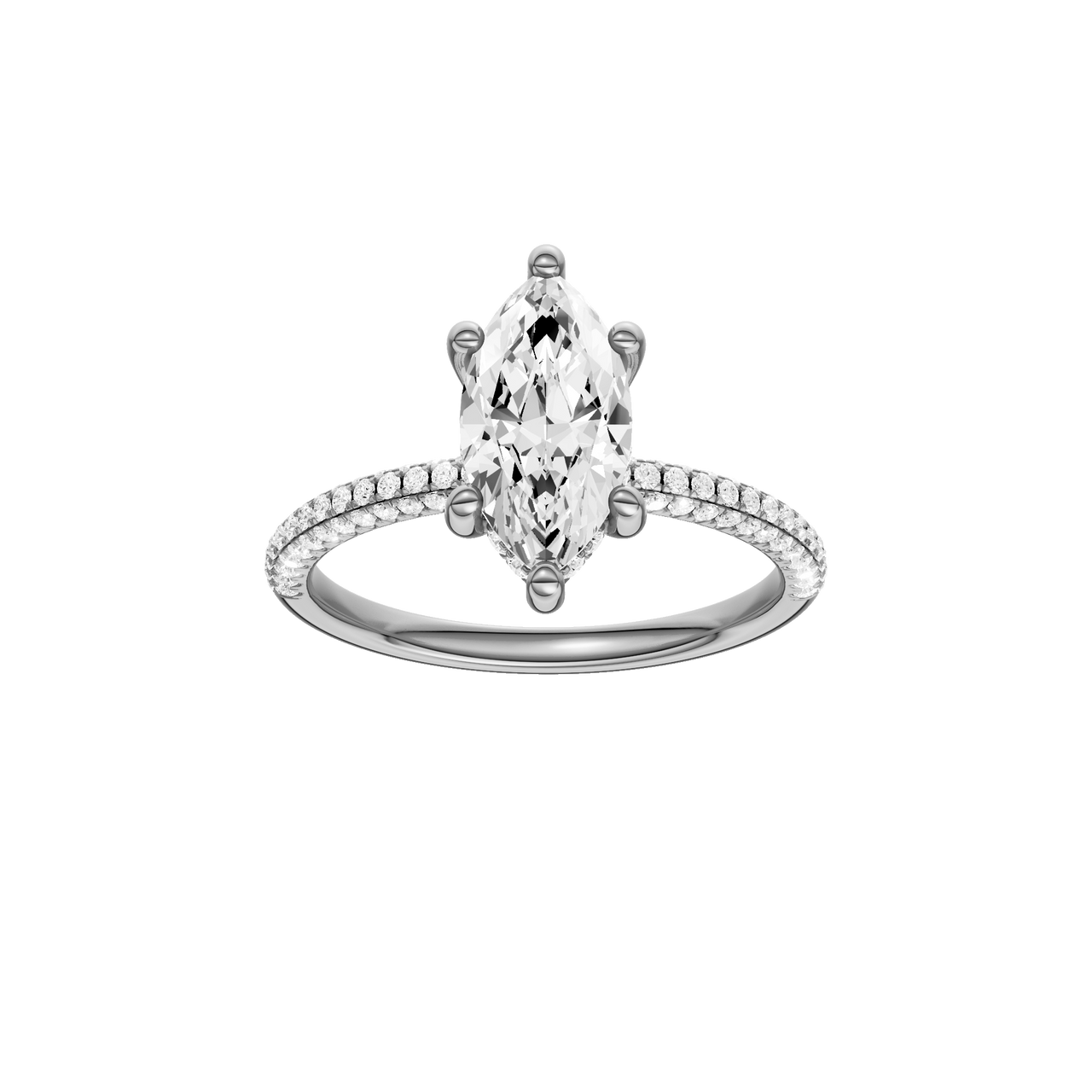 A front view of the Marquise cut diamond engagement ring in 14k white gold with a pavé diamond band and cathedral setting