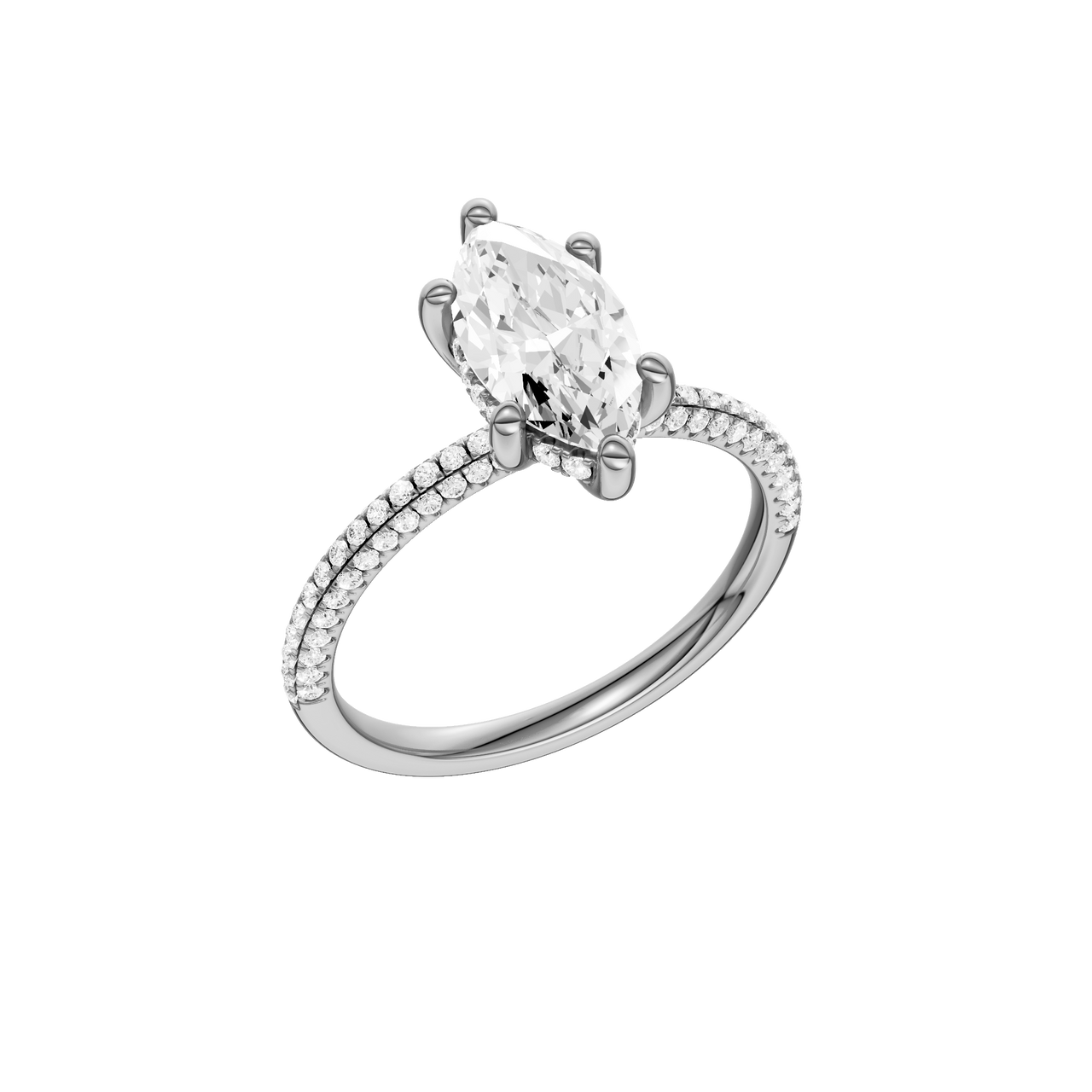 A three-quarter view of the Marquise cut diamond engagement ring in platinum with a pavé diamond band and cathedral setting