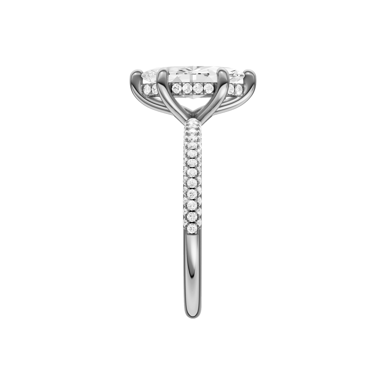 A side view of the Marquise cut diamond engagement ring in 14k white gold with a pavé diamond band and cathedral setting