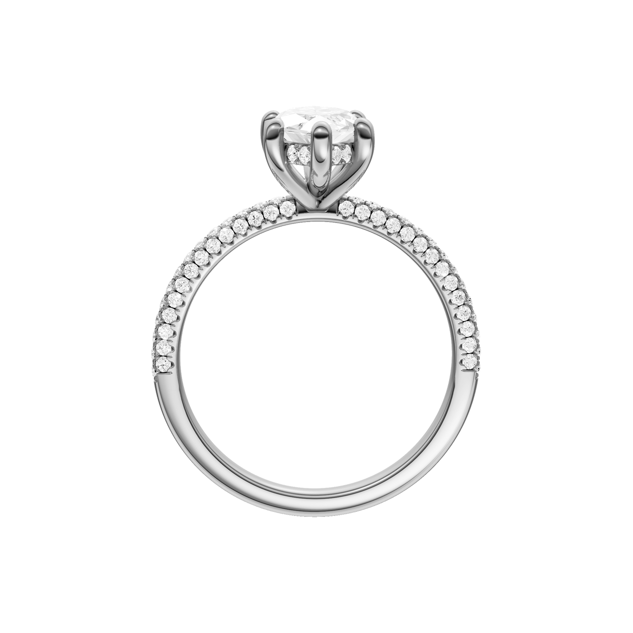 A profile view of the Marquise cut diamond engagement ring in 14k white gold with a pavé diamond band and cathedral setting