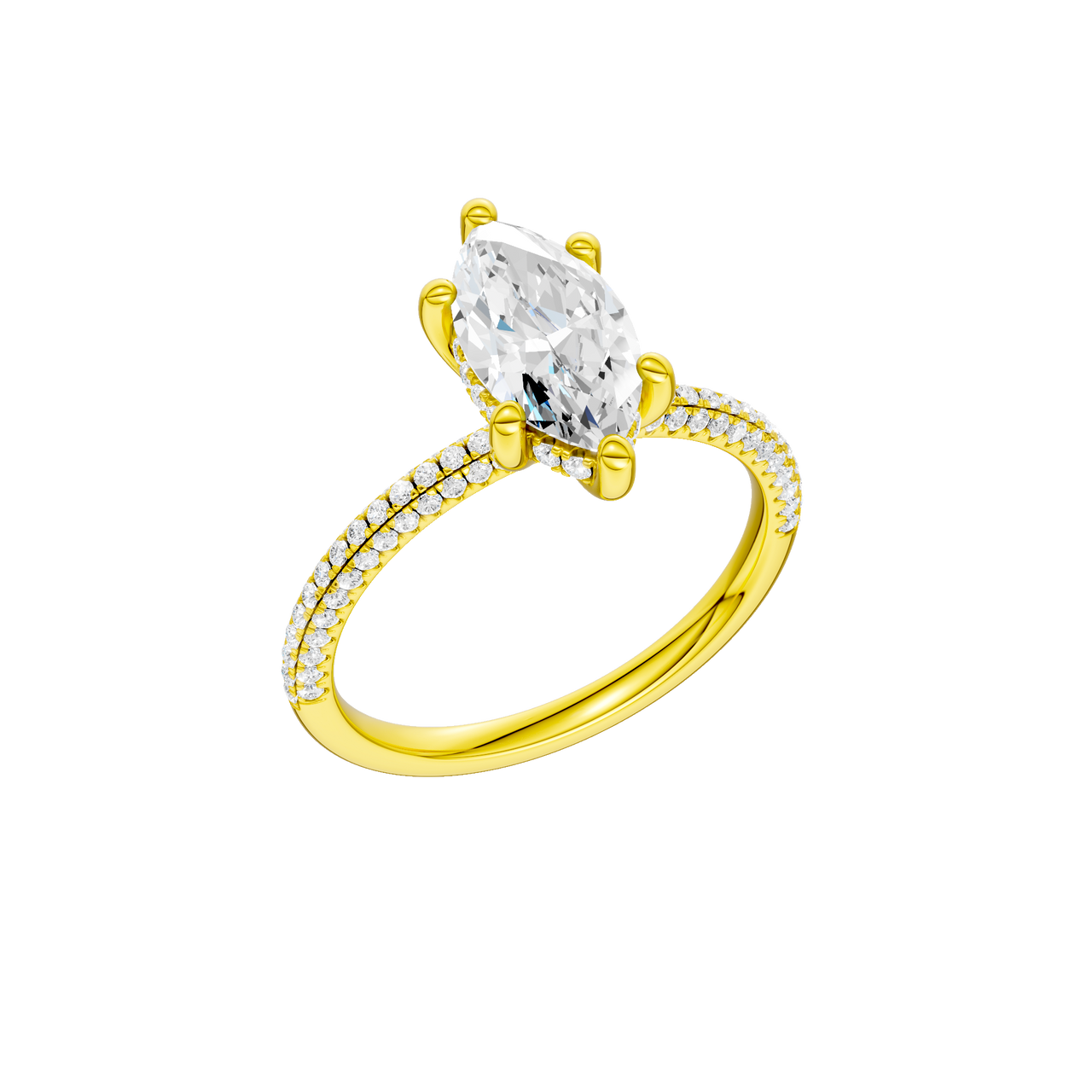 A three-quarter view of the Marquise cut diamond engagement ring in 14k white gold with a pavé diamond band and cathedral setting