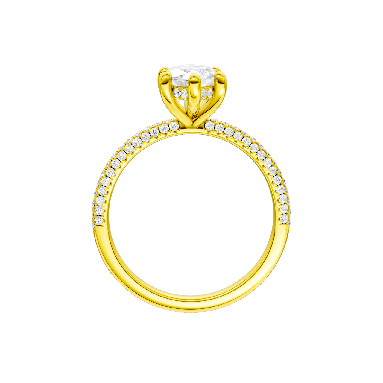 A profile view of the Marquise cut diamond engagement ring in 14k white gold with a pavé diamond band and cathedral setting