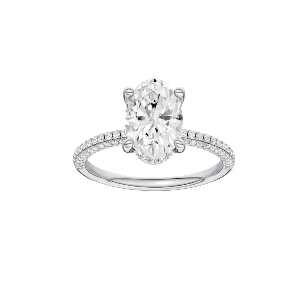 A front view of the Oval cut diamond engagement ring in platinum with a pavé diamond band and cathedral setting