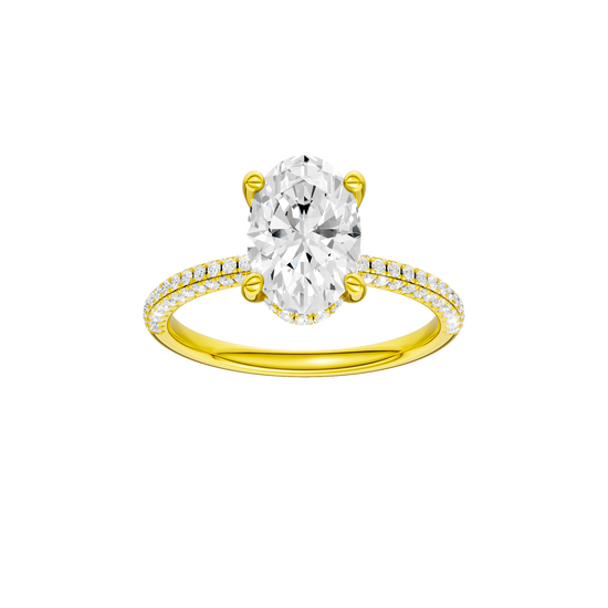 A front view of the Oval cut diamond engagement ring in 14k yellow gold with a pavé diamond band and cathedral setting
