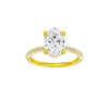 A front view of the Oval cut diamond engagement ring in 14k yellow gold with a pavé diamond band and cathedral setting