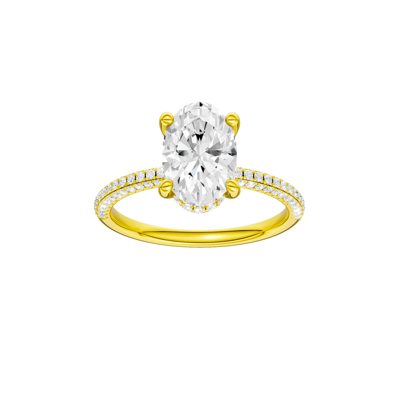 A front view of the Oval cut diamond engagement ring in 14k yellow gold with a pavé diamond band and cathedral setting