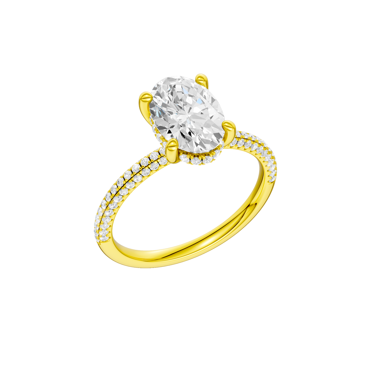 A three-quarter view of the Oval cut diamond engagement ring in 14k yellow gold with a pavé diamond band and cathedral setting