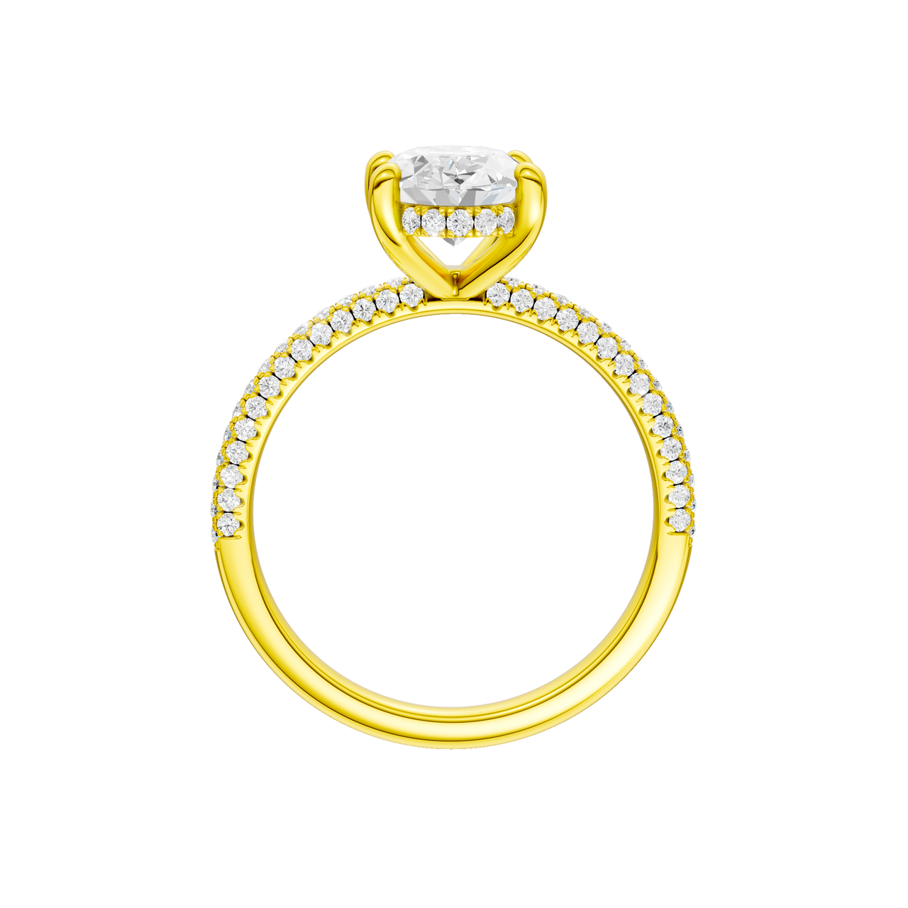 A profile view of the Oval cut diamond engagement ring in 14k yellow gold with a pavé diamond band and cathedral setting