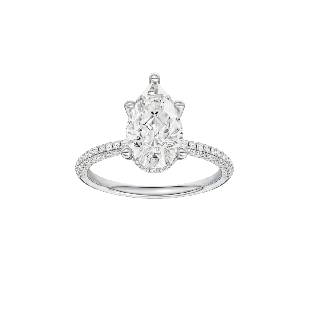 A front view of the Pear cut diamond engagement ring in 14k white gold with a pavé diamond band and cathedral setting