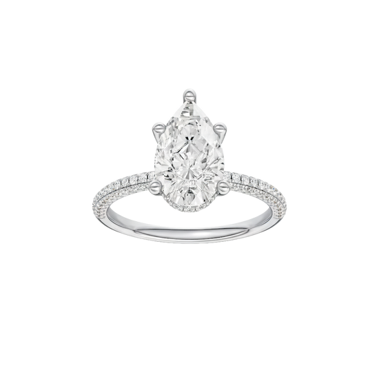 A front view of the Pear cut diamond engagement ring in platinum with a pavé diamond band and cathedral setting