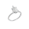 A three-quarter view of the Pear cut diamond engagement ring in 14k white gold with a pavé diamond band and cathedral setting