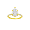 A front view of the Pear cut diamond engagement ring in 14k yellow gold with a pavé diamond band and cathedral setting