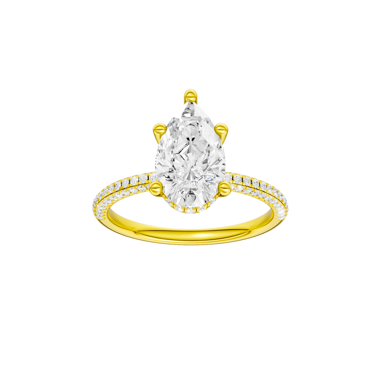 A front view of the Pear cut diamond engagement ring in 14k yellow gold with a pavé diamond band and cathedral setting