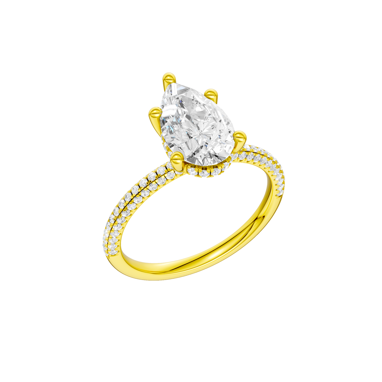 A three-quarter view of the Pear cut diamond engagement ring in 14k yellow gold with a pavé diamond band and cathedral setting