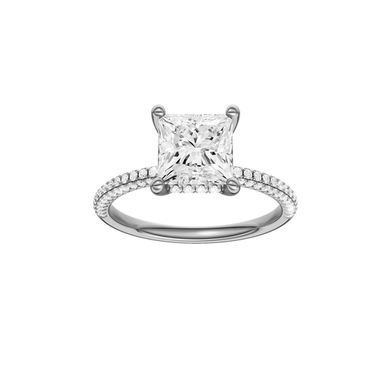 A front view of the Princess cut diamond engagement ring in 14k white gold with a pavé diamond band and cathedral setting
