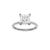 A front view of the Princess cut diamond engagement ring in 14k white gold with a pavé diamond band and cathedral setting