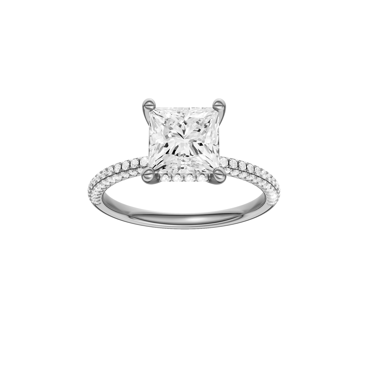 A front view of the Princess cut diamond engagement ring in 14k white gold with a pavé diamond band and cathedral setting