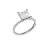 A three-quarter view of the Princess cut diamond engagement ring in platinum with a pavé diamond band and cathedral setting