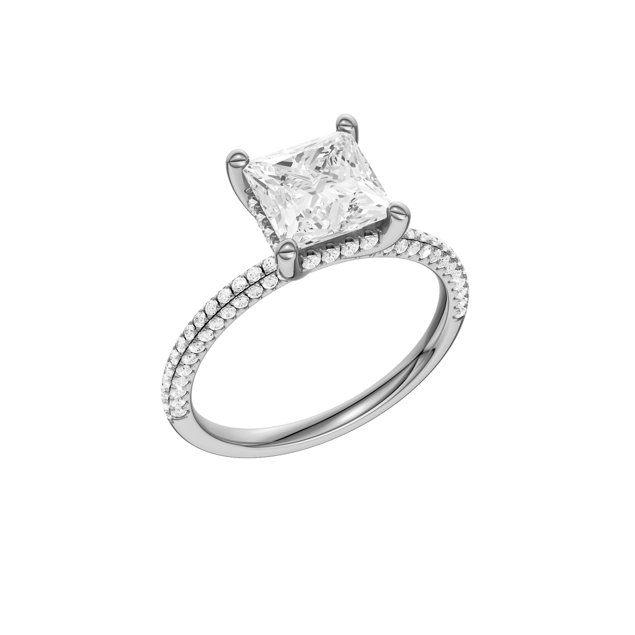 A three-quarter view of the Princess cut diamond engagement ring in platinum with a pavé diamond band and cathedral setting