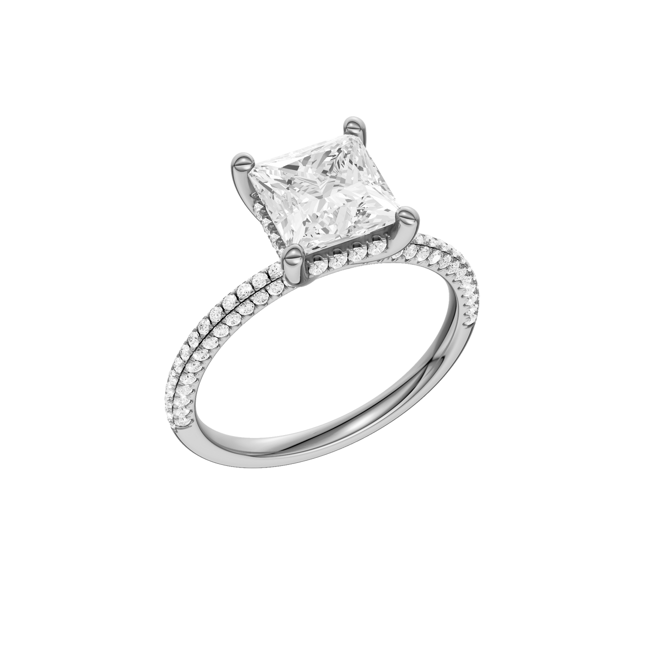 A three-quarter view of the Princess cut diamond engagement ring in 14k white gold with a pavé diamond band and cathedral setting