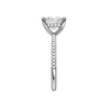 A side view of the Princess cut diamond engagement ring in 14k white gold with a pavé diamond band and cathedral setting
