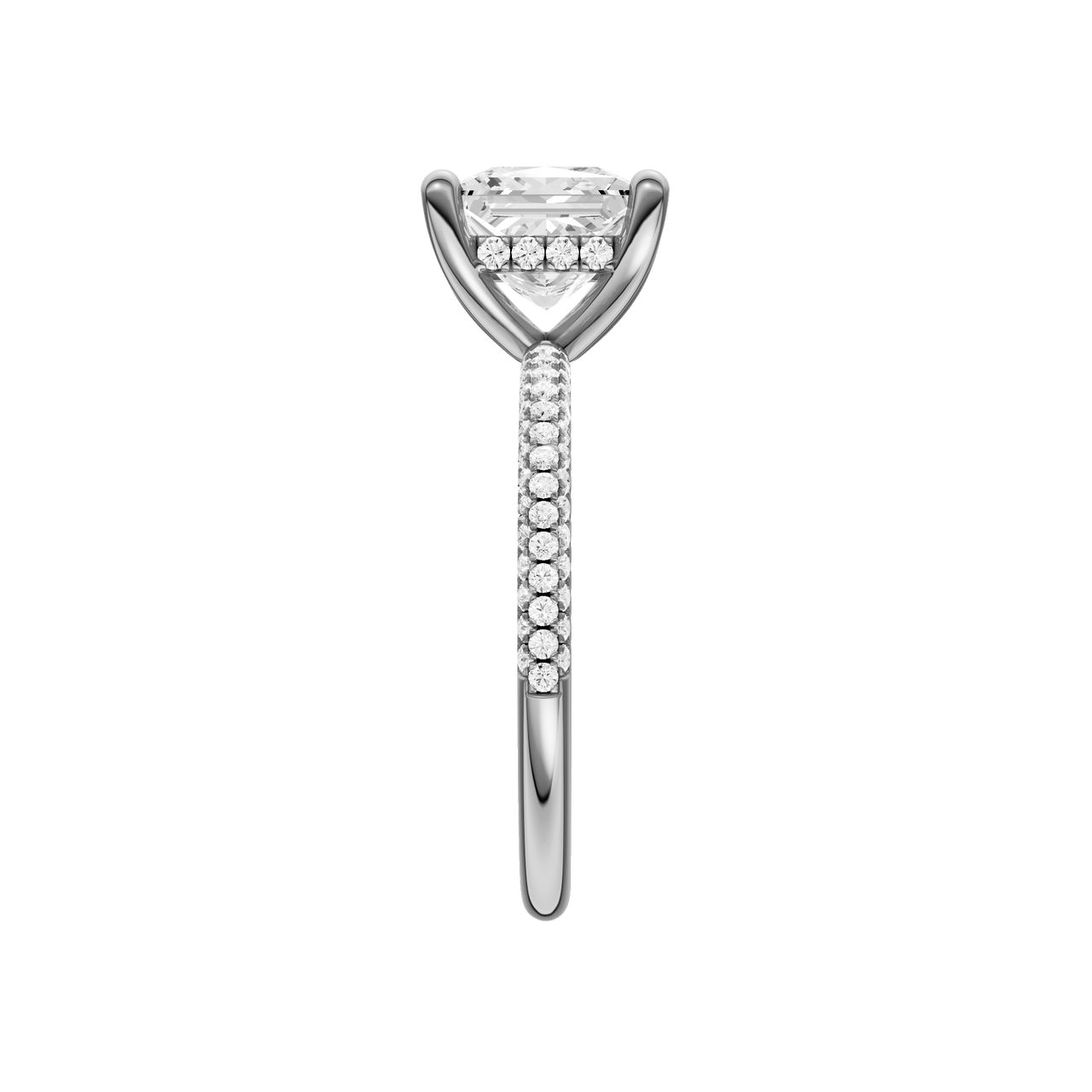 A side view of the Princess cut diamond engagement ring in 14k white gold with a pavé diamond band and cathedral setting