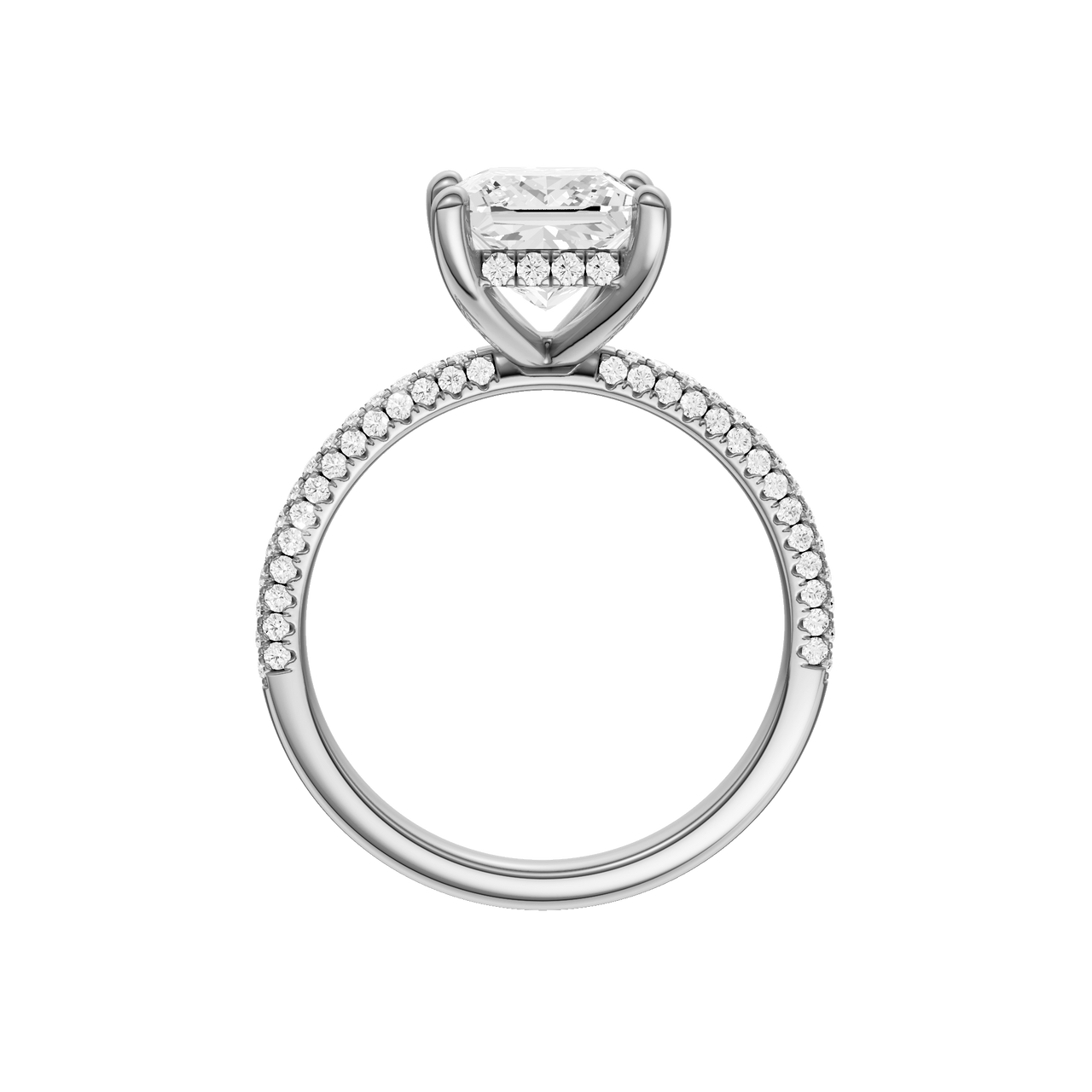 A profile view of the Princess cut diamond engagement ring in 14k white gold with a pavé diamond band and cathedral setting