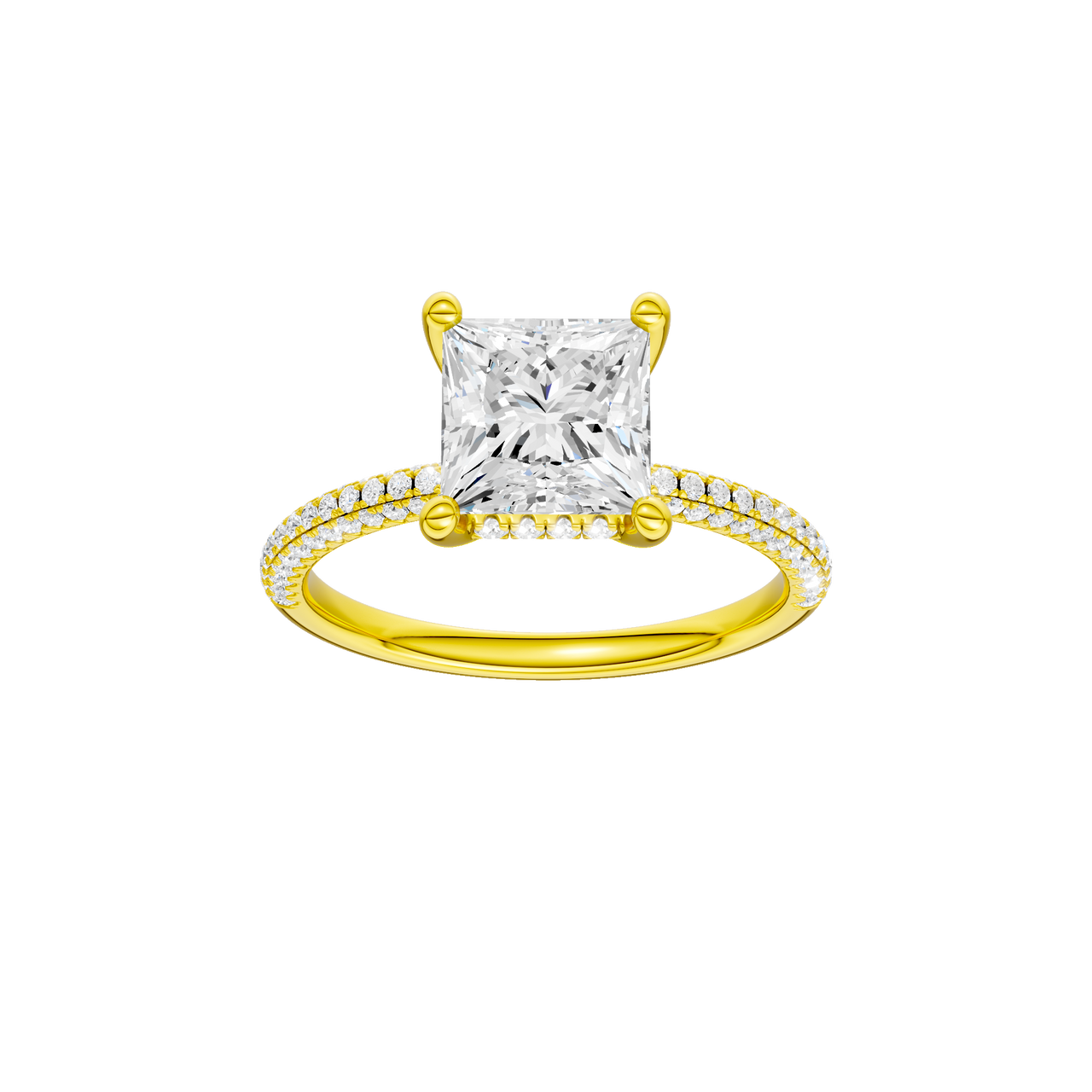 A front view of the Princess cut diamond engagement ring in 14k yellow gold with a pavé diamond band and cathedral setting