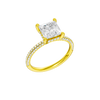 A three-quarter view of the Princess cut diamond engagement ring in 14k yellow gold with a pavé diamond band and cathedral setting