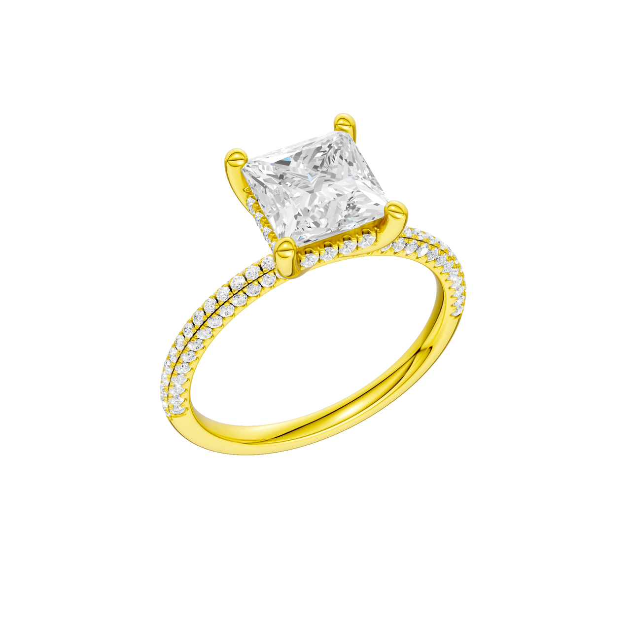 A three-quarter view of the Princess cut diamond engagement ring in 14k yellow gold with a pavé diamond band and cathedral setting
