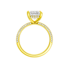 A profile view of the Princess cut diamond engagement ring in 14k yellow gold with a pavé diamond band and cathedral setting