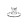 A front view of the Radiant cut diamond engagement ring in platinum with a pavé diamond band and cathedral setting