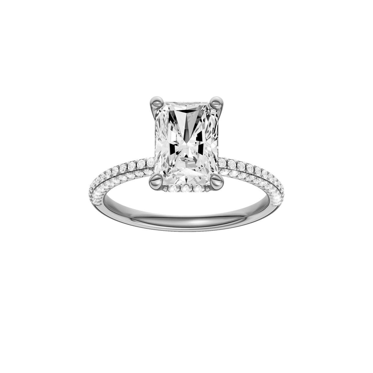 A front view of the Radiant cut diamond engagement ring in 14k white gold with a pavé diamond band and cathedral setting
