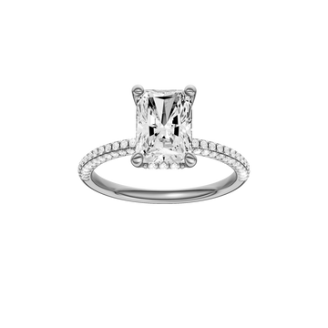 A front view of the Radiant cut diamond engagement ring in 14k white gold with a pavé diamond band and cathedral setting
