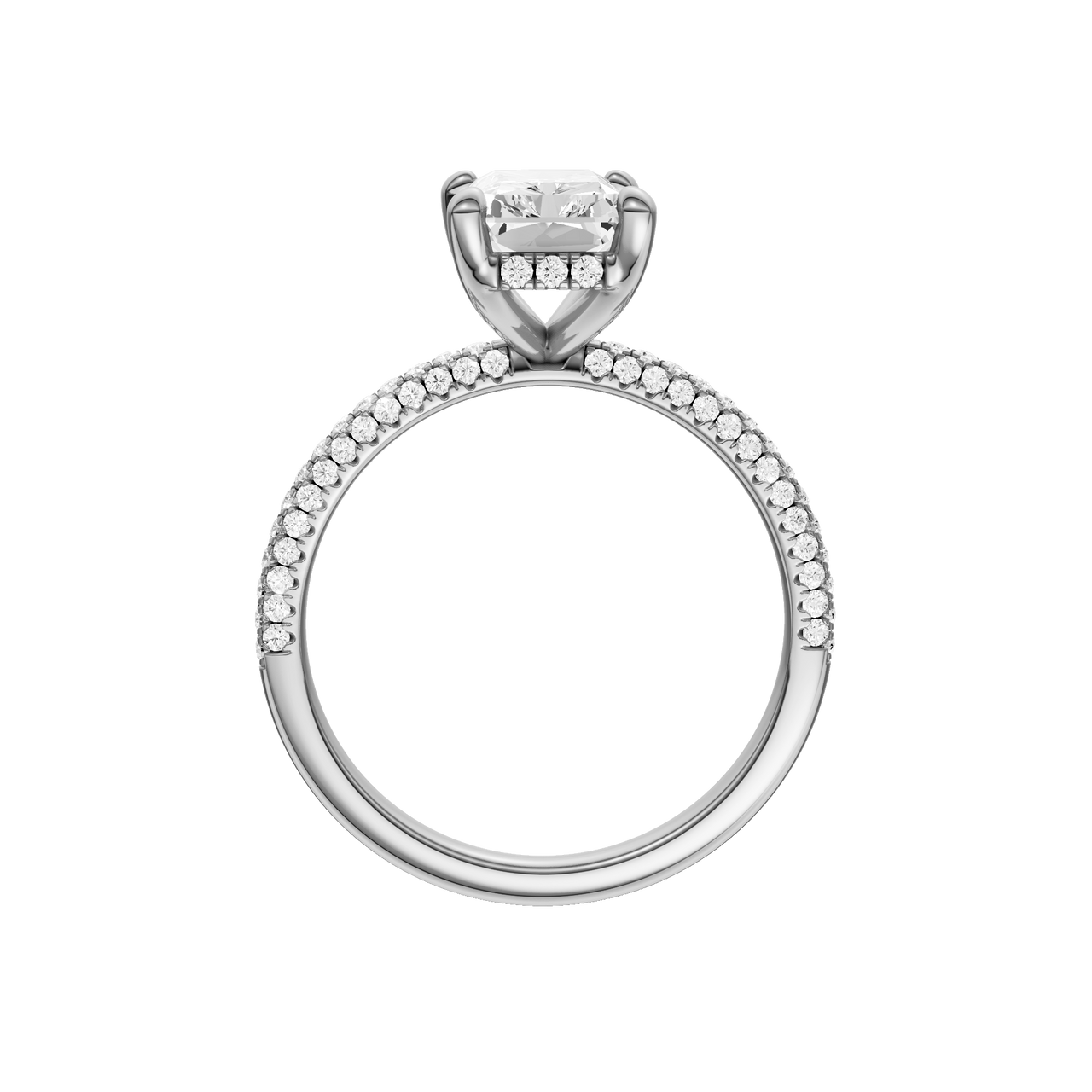 A profile view of the Radiant cut diamond engagement ring in platinum with a pavé diamond band and cathedral setting