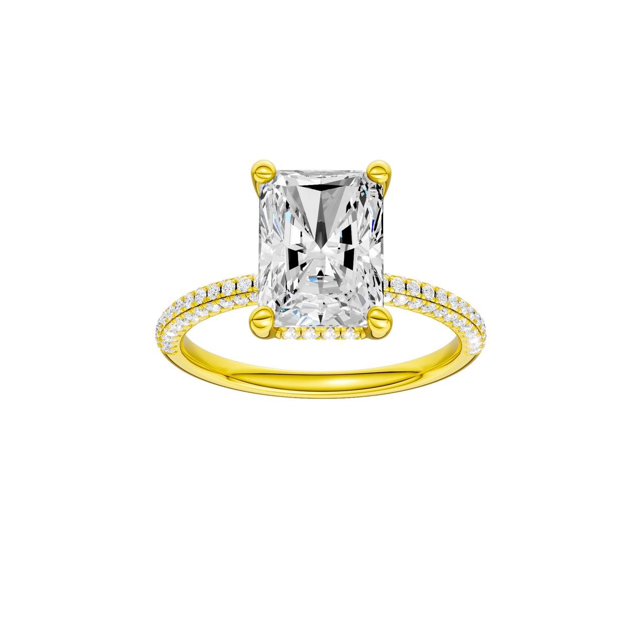 A front view of the Radiant cut diamond engagement ring in 14k yellow gold with a pavé diamond band and cathedral setting
